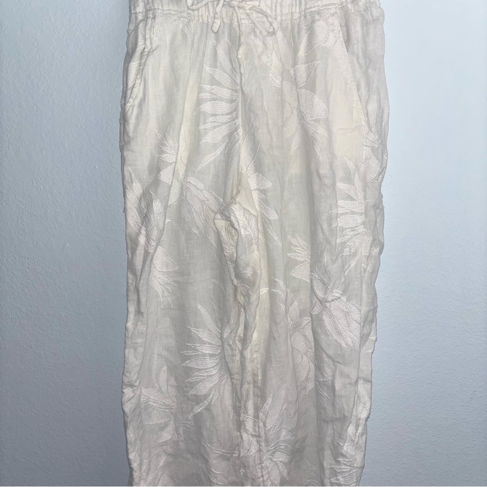 Joie White Linen-Blend Elastic Waist Wide Leg Pants Size S